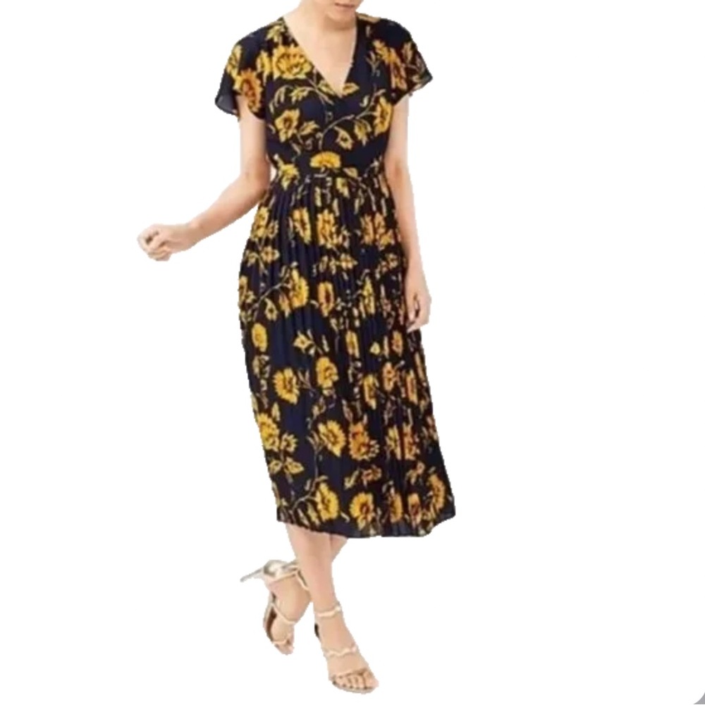 J. Crew Pleated Midi Wrap Dress-Navy Blue/Yellow Flowers-Size 8